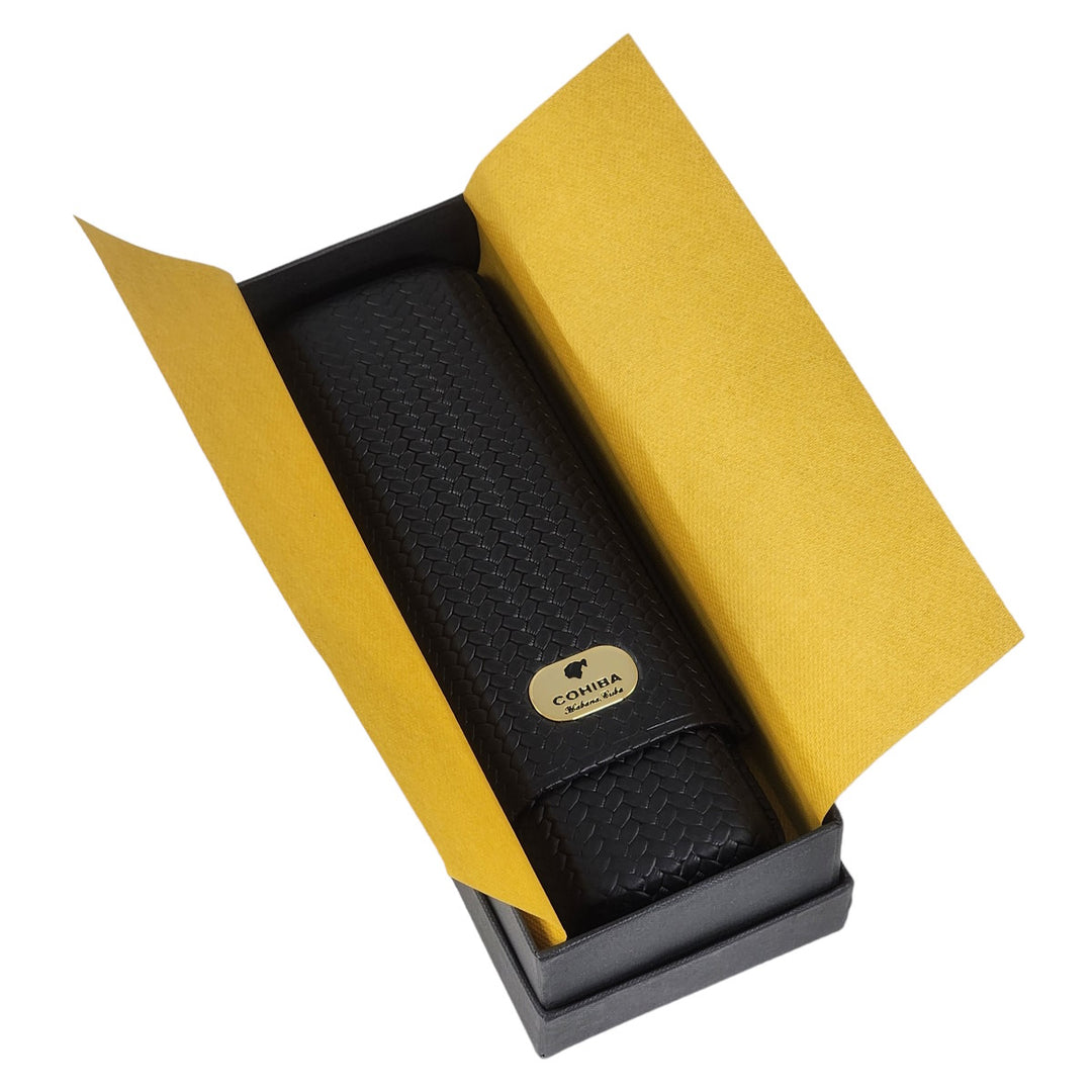 Habana Cuba | Cohiba Purera de Piel - Adjustable Black Leather Cigar Case for 2 Cigars - Cigar Accessory - Buy online with Fyxx for delivery.